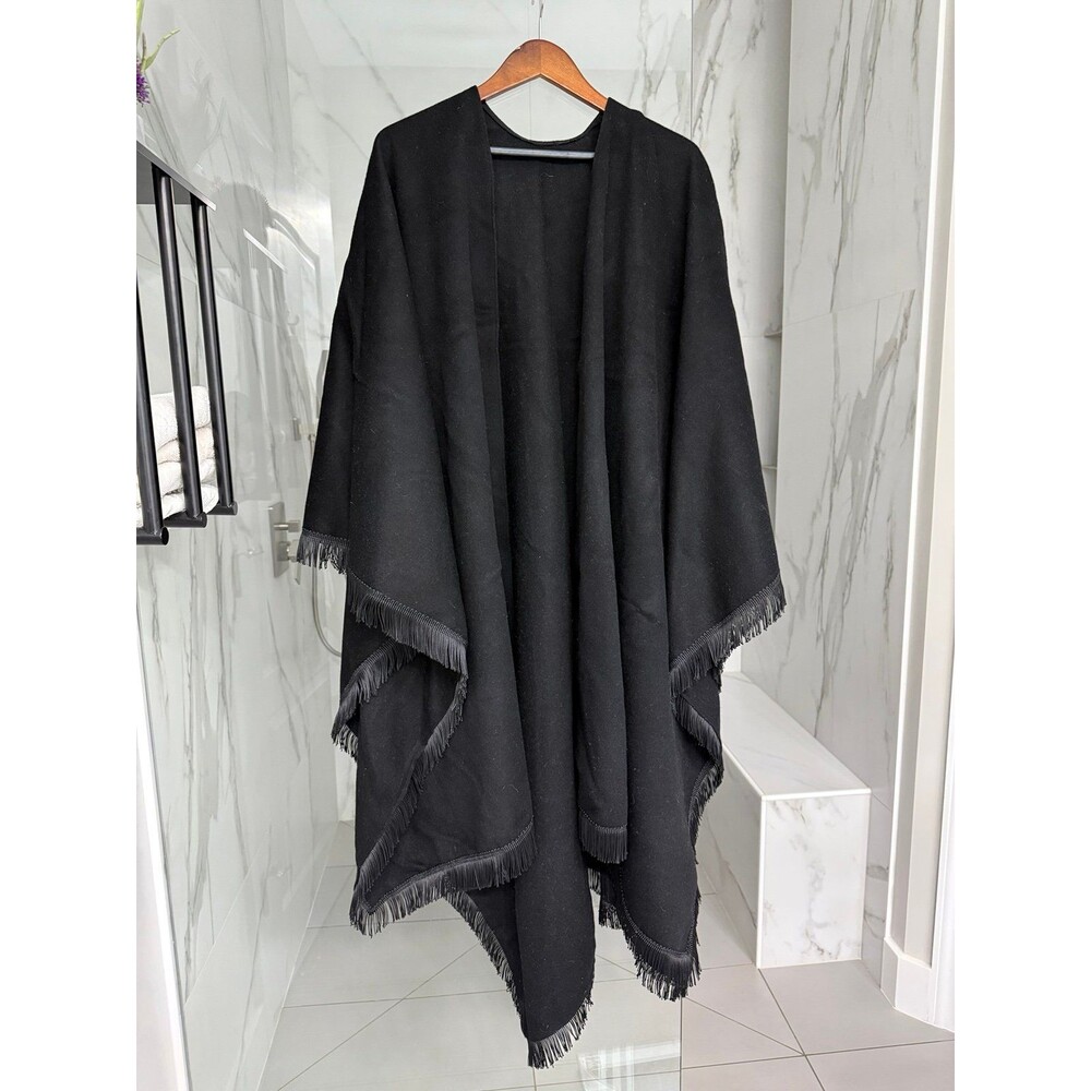 Winter Wool Cape Wrap Shawl Poncho with Fringe, Black